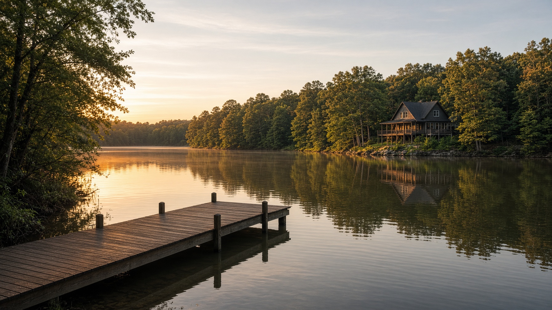 A wooden dock on a still Arkansas lake