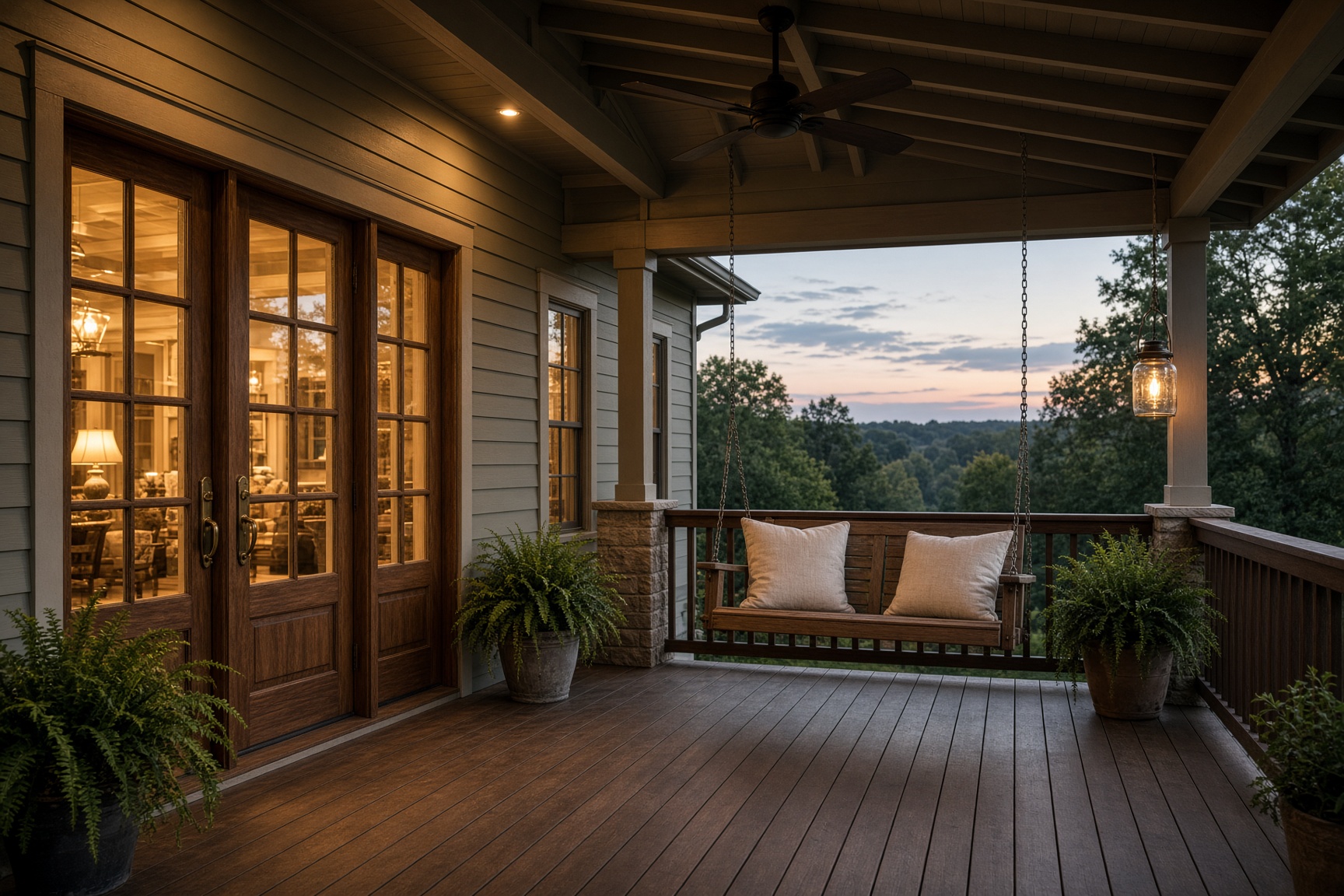 A craftsman porch at dusk